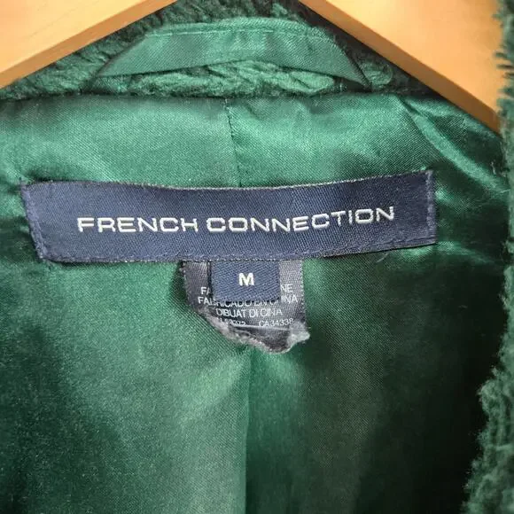 French Connection Medium Green Faux Fur Teddy Coat Collared Emerald Warm Cozy - Picture 3 of 6